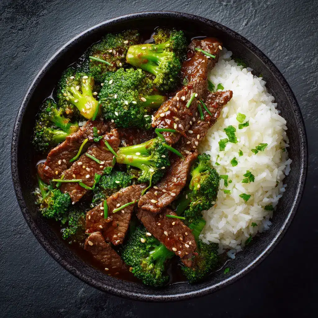 Highly detailed shot highlighting the glossy brown sauce coating tender beef slices and bright green broccoli florets.