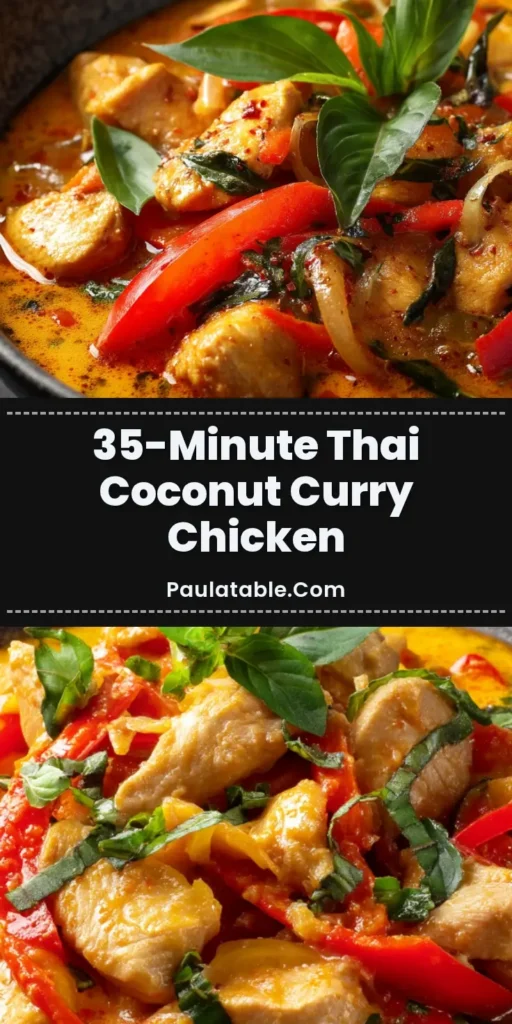 A rustic dark bowl filled with vibrant Thai Coconut Curry Chicken, tender chicken chunks, red bell peppers, and a rich orange-yellow coconut sauce, garnished with fresh green Thai basil.