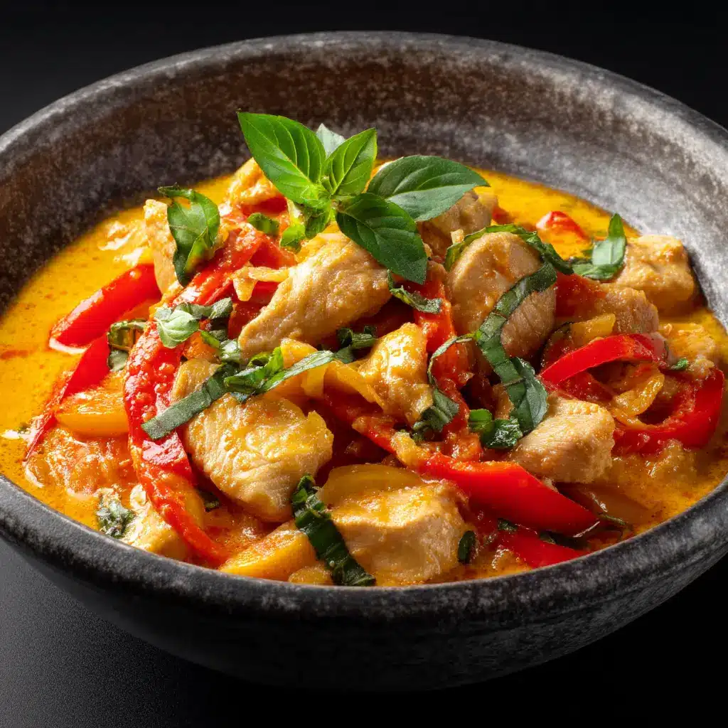 Overhead view of Thai Coconut Curry Chicken garnished with fresh Thai basil leaves in a dark bowl.
