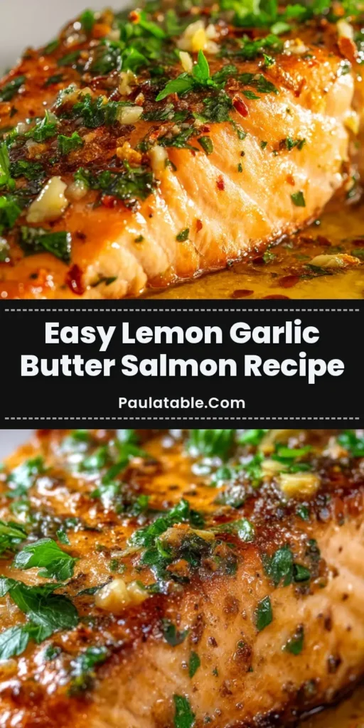 A towering, photorealistic view of perfectly baked Lemon Garlic Butter Salmon glistening with a caramelized crust and fresh parsley.