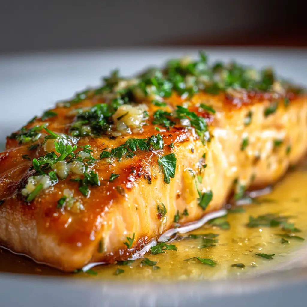 Macro shot of a savory Lemon Garlic Butter Salmon fillet generously topped with savory minced garlic and fresh chopped parsley.