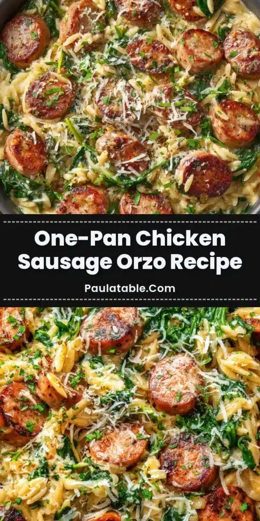Macro shot from above of a creamy One-Pan Chicken Sausage Orzo skillet featuring perfectly seared sliced chicken sausage, tender orzo, wilted spinach, and Parmesan cheese.
