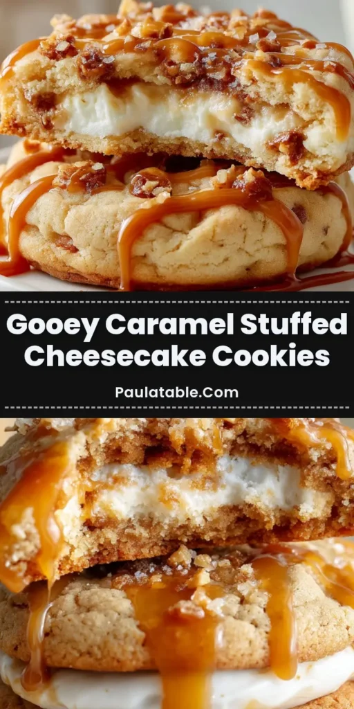 Photorealistic top-down view of golden brown Caramel Cheesecake Cookies with a cracked surface, topped with toffee bits and a caramel drizzle.