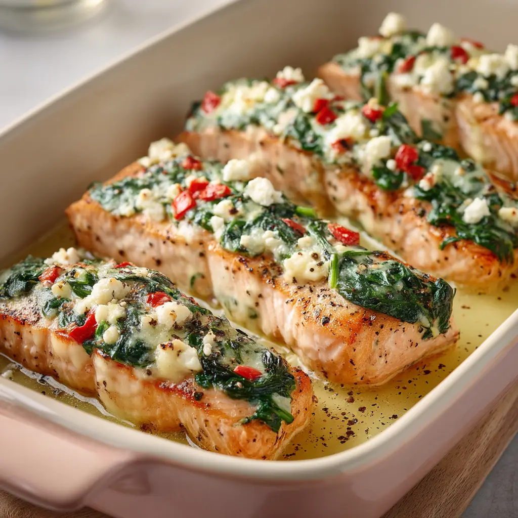 Gluten-Free Baked Stuffed Salmon with Feta and Spinach 2 Fresh ingredients for Gluten-Free Baked Stuffed Salmon including cream cheese, feta, vibrant spinach, and thick center-cut salmon fillets.