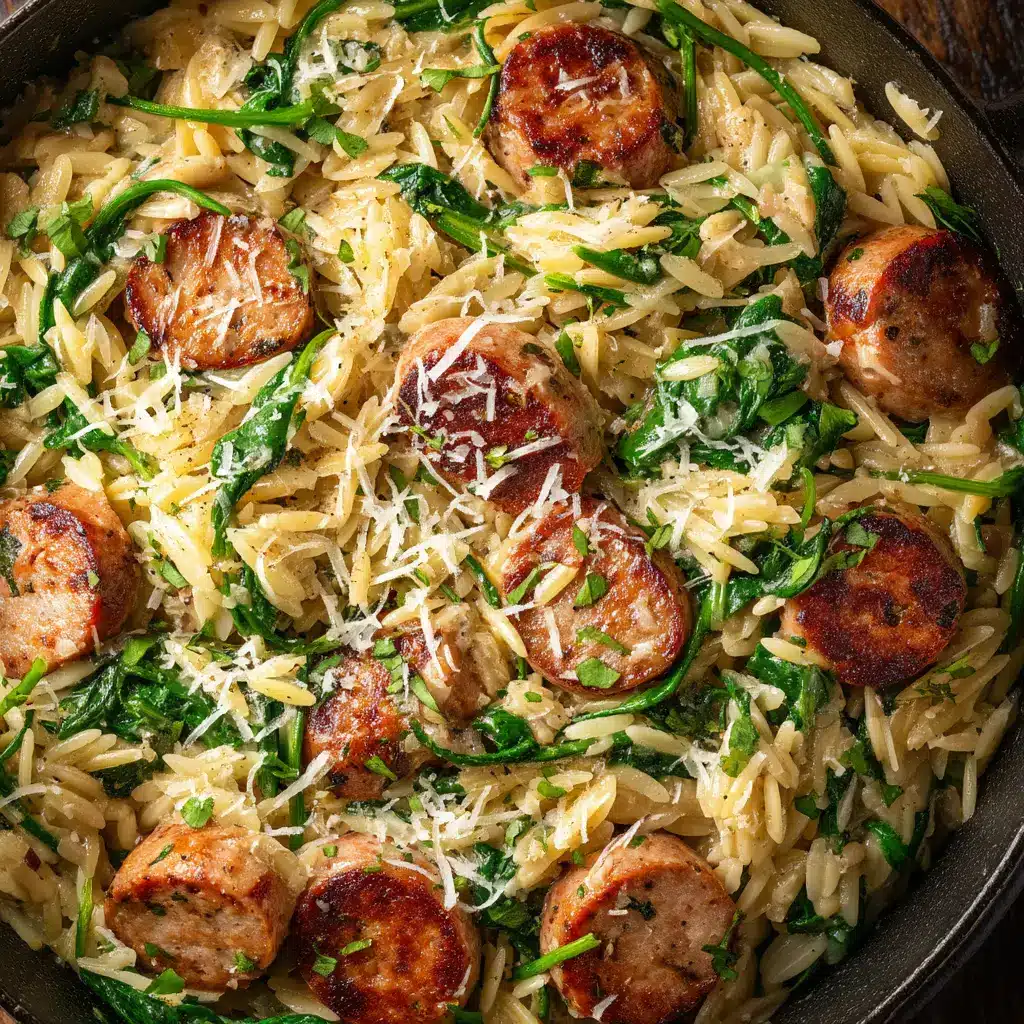Overhead food photography of a rich, creamy One-Pan Chicken Sausage Orzo skillet garnished with freshly grated Parmesan cheese, bathed in warm natural light.