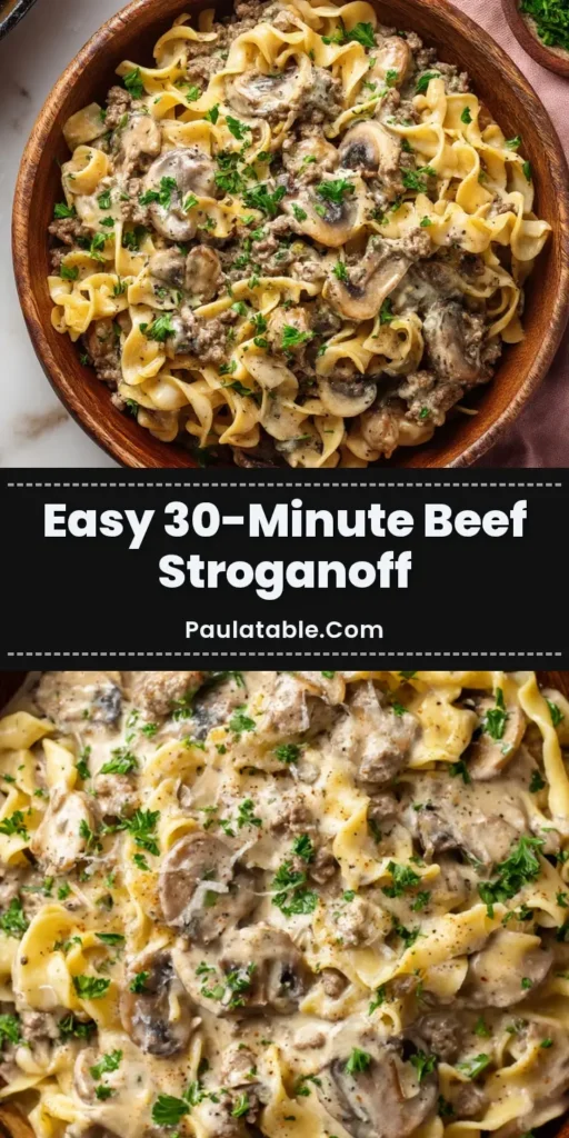 A close-up overhead shot of a rustic wooden bowl filled with creamy ground beef stroganoff, featuring wide egg noodles and freshly chopped green parsley.