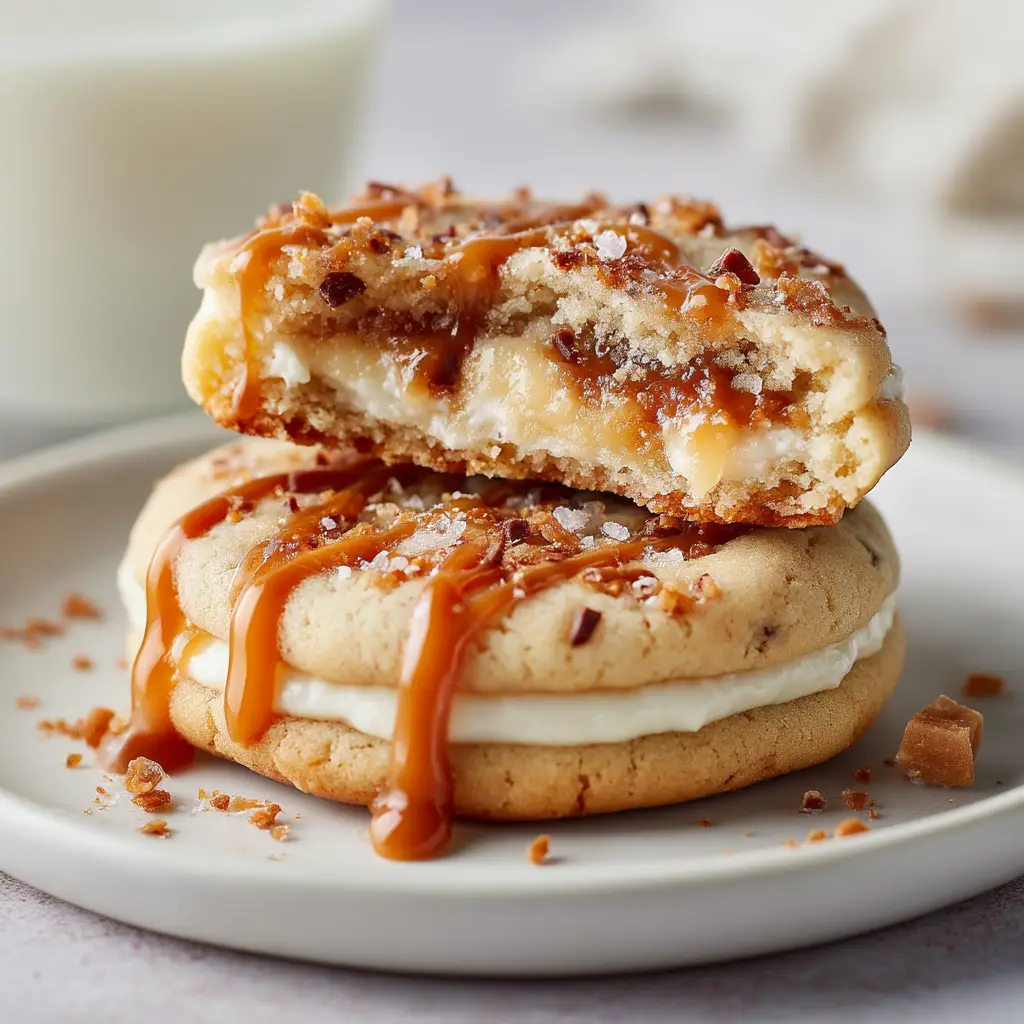 Close up shot of a broken Caramel Cheesecake Cookie revealing a thick creamy white filling and gooey melted caramel inside.