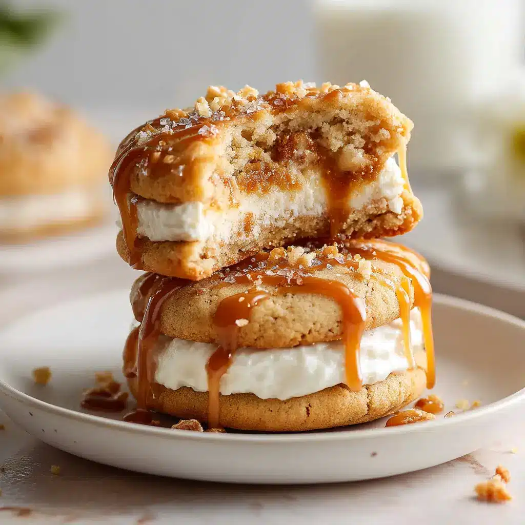 Two thick soft-baked Caramel Cheesecake Cookies stacked on a white ceramic plate with bright natural lighting.