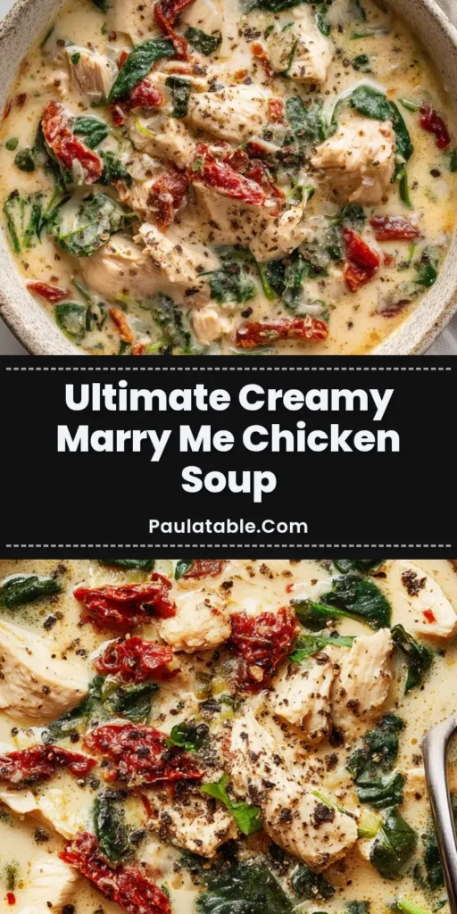 A close-up, overhead food photography shot of creamy Marry Me Chicken Soup in a speckled stoneware bowl with wilted spinach and sun-dried tomatoes.