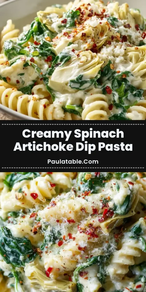 Overhead view of creamy Spinach Artichoke Dip Pasta in a white ceramic bowl, featuring rotini, wilted spinach, and artichoke chunks.