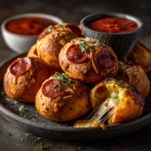 Ingredients for pepperoni pizza bombs including pizza dough, mozzarella cubes, pepperoni slices, and fresh parsley.