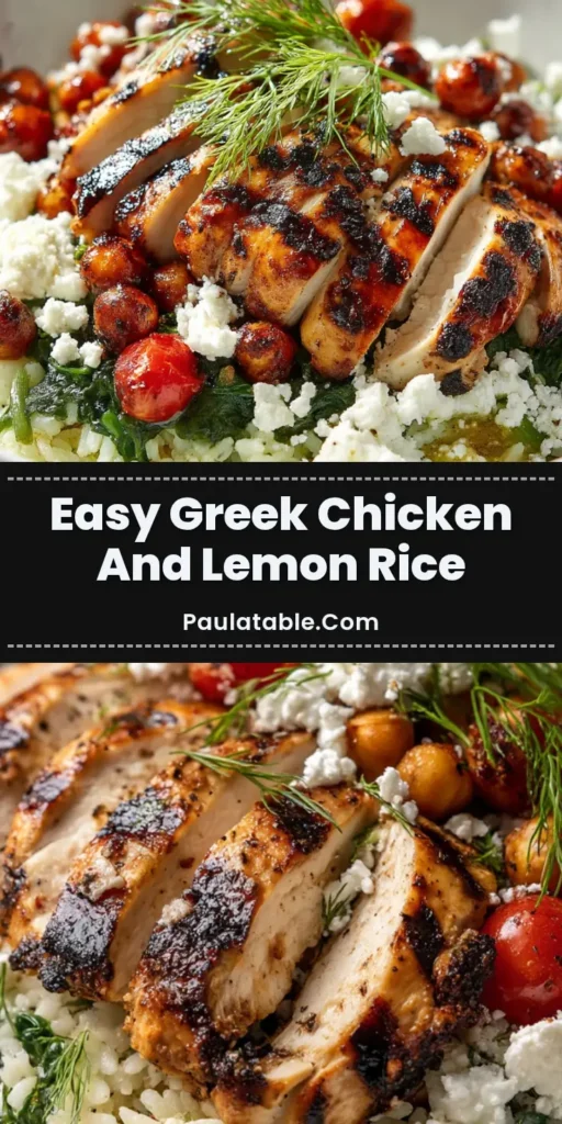 A close up of Greek Chicken and Lemon Rice with sliced charred chicken, fluffy spinach rice, blistered cherry tomatoes, roasted chickpeas, and feta in a white bowl.