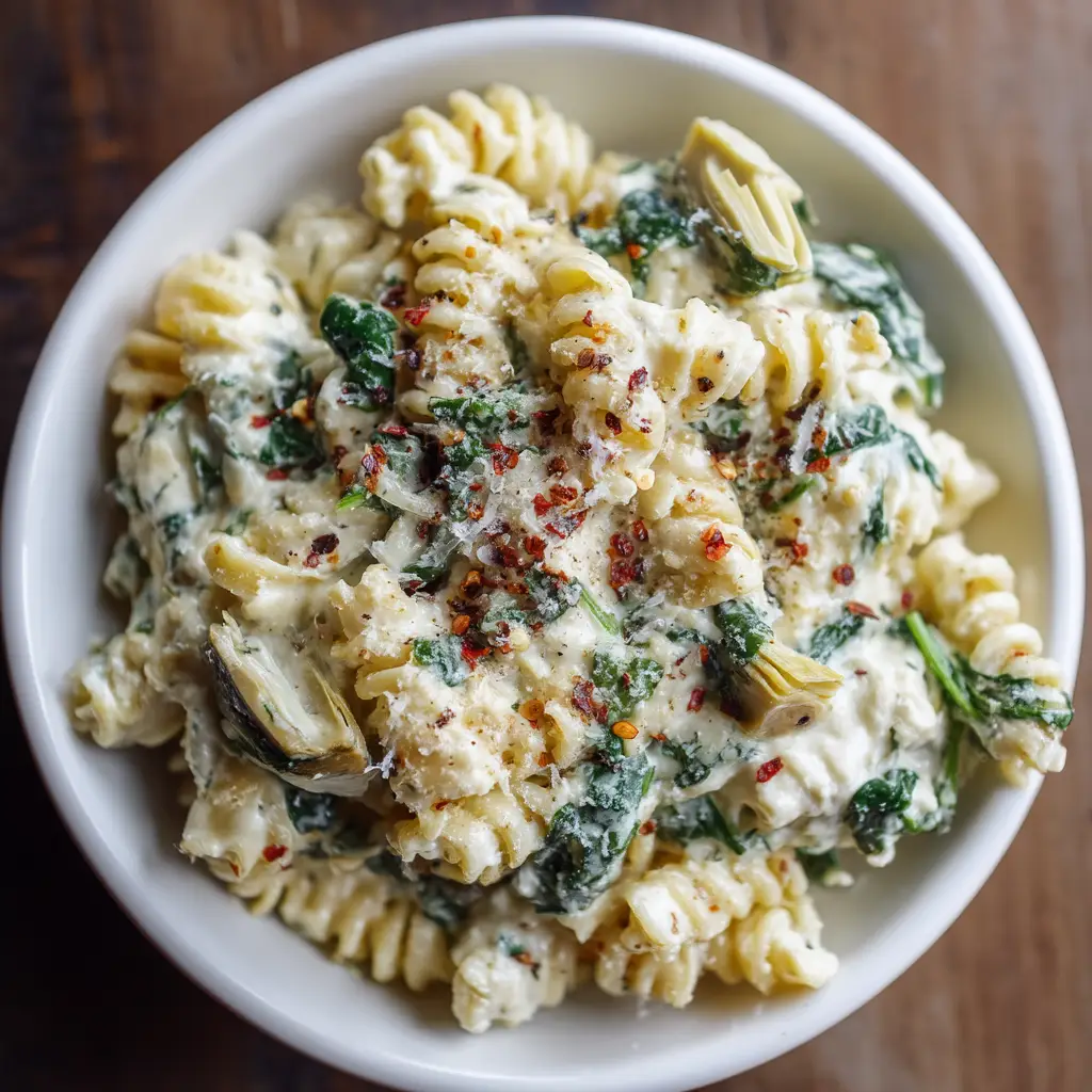 Spinach Artichoke Dip Pasta topped with finely grated Parmesan cheese and red pepper flakes in a shallow white bowl.