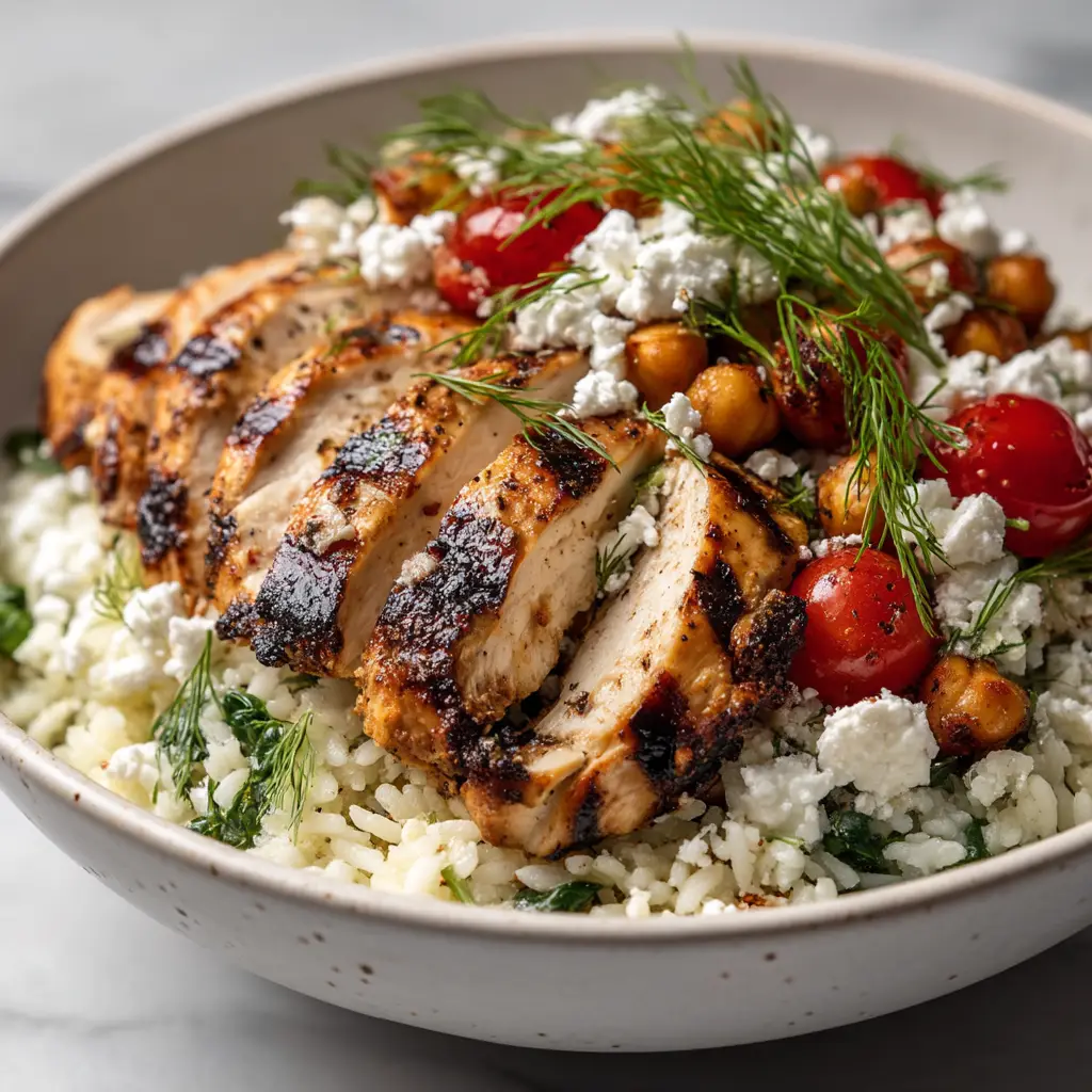 A shallow white ceramic bowl filled with Greek Chicken and Lemon Rice sprinkled generously with crumbled feta cheese and fresh dill.