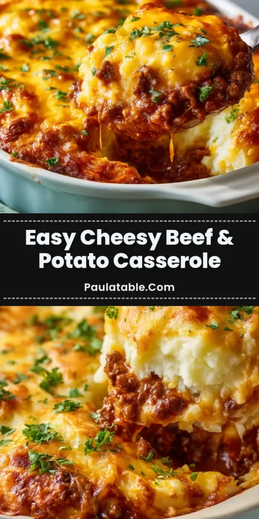 A hearty Ground Beef and Potato Casserole in a light blue ceramic baking dish, a metal spoon lifting a cheesy portion to reveal fluffy potatoes and rich beef.