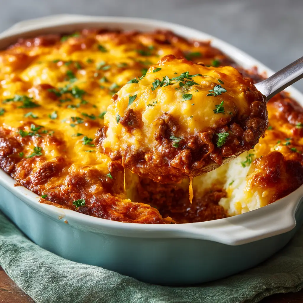 A metal spoon lifting a portion of Ground Beef and Potato Casserole out of a light blue ceramic dish showing layers of seasoned beef and fluffy potatoes.