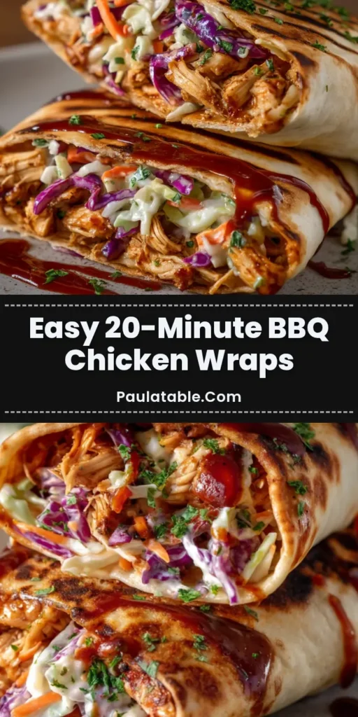 Close-up of two grilled tortilla wraps filled with pulled BBQ chicken and creamy coleslaw, stacked on a light gray ceramic plate with extra BBQ sauce drizzle.