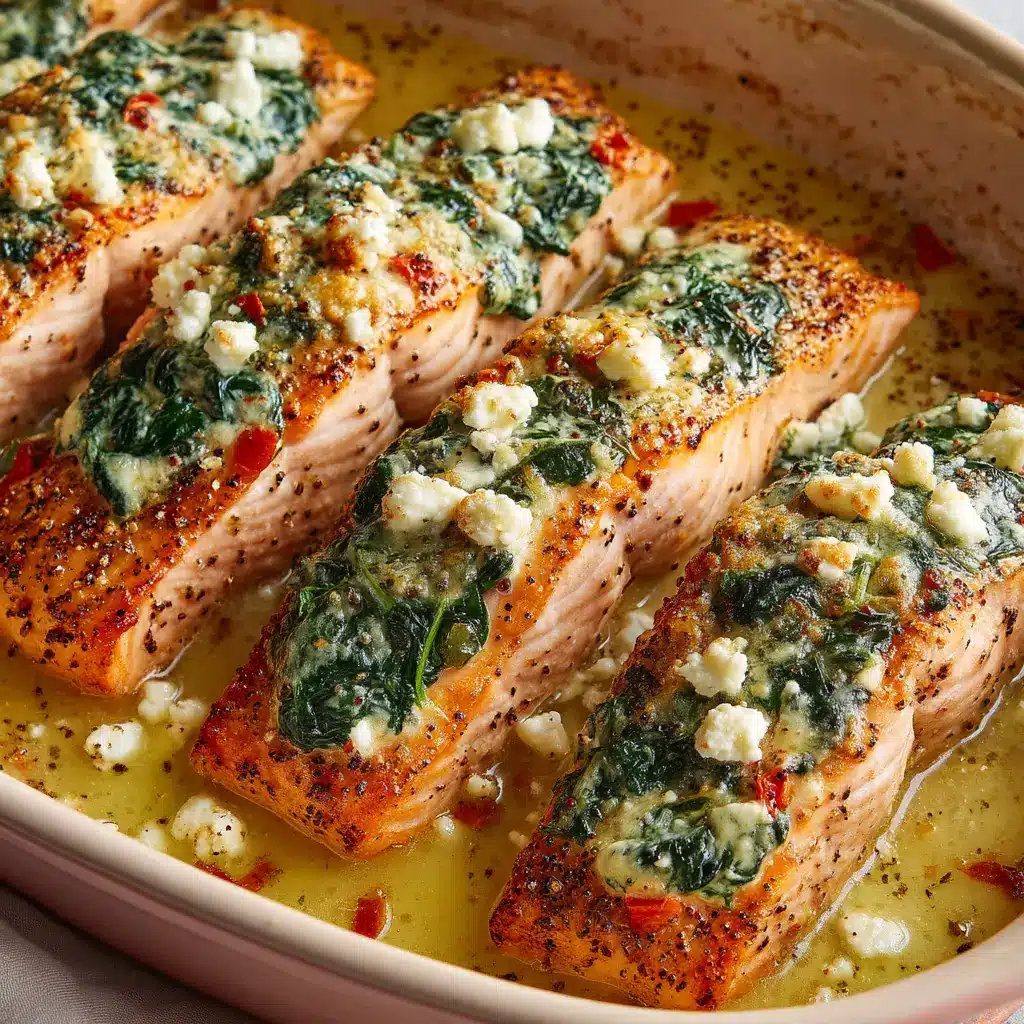Gluten-Free Baked Stuffed Salmon with Feta and Spinach 1 Close up of a stuffed salmon fillet with the filling slightly browned and melted on top, sitting in a light buttery sauce.