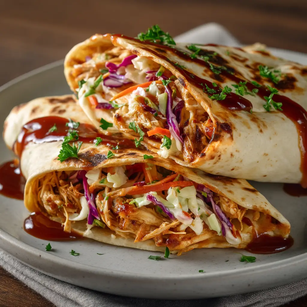 Two hyperrealistic BBQ chicken wraps garnished with finely chopped parsley and drizzled with BBQ sauce on a rustic wooden background.