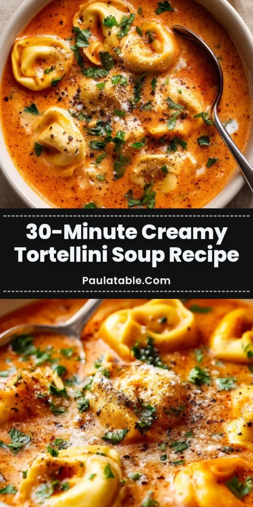 Close-up of creamy tomato tortellini soup in a white bowl garnished with fresh parsley and parmesan cheese.