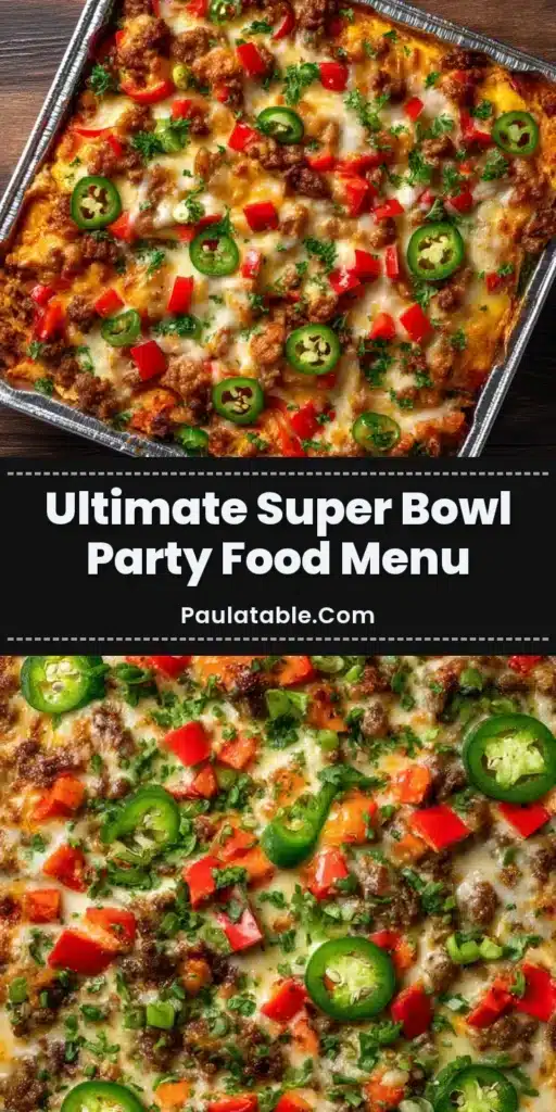 Top-down view of a savory baked dish in an aluminum foil pan filled with melted cheese, chopped red bell peppers, ground meat, and jalapeños. (Super Bowl Food Ideas)