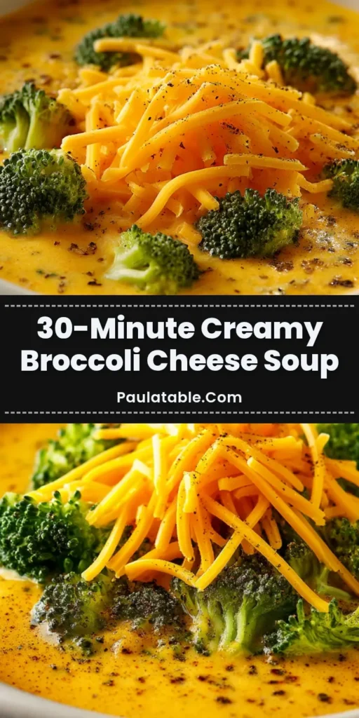 A large white ceramic bowl filled with thick, creamy Broccoli Cheese Soup featuring vibrant green broccoli florets and a generous pile of shredded sharp cheddar cheese.