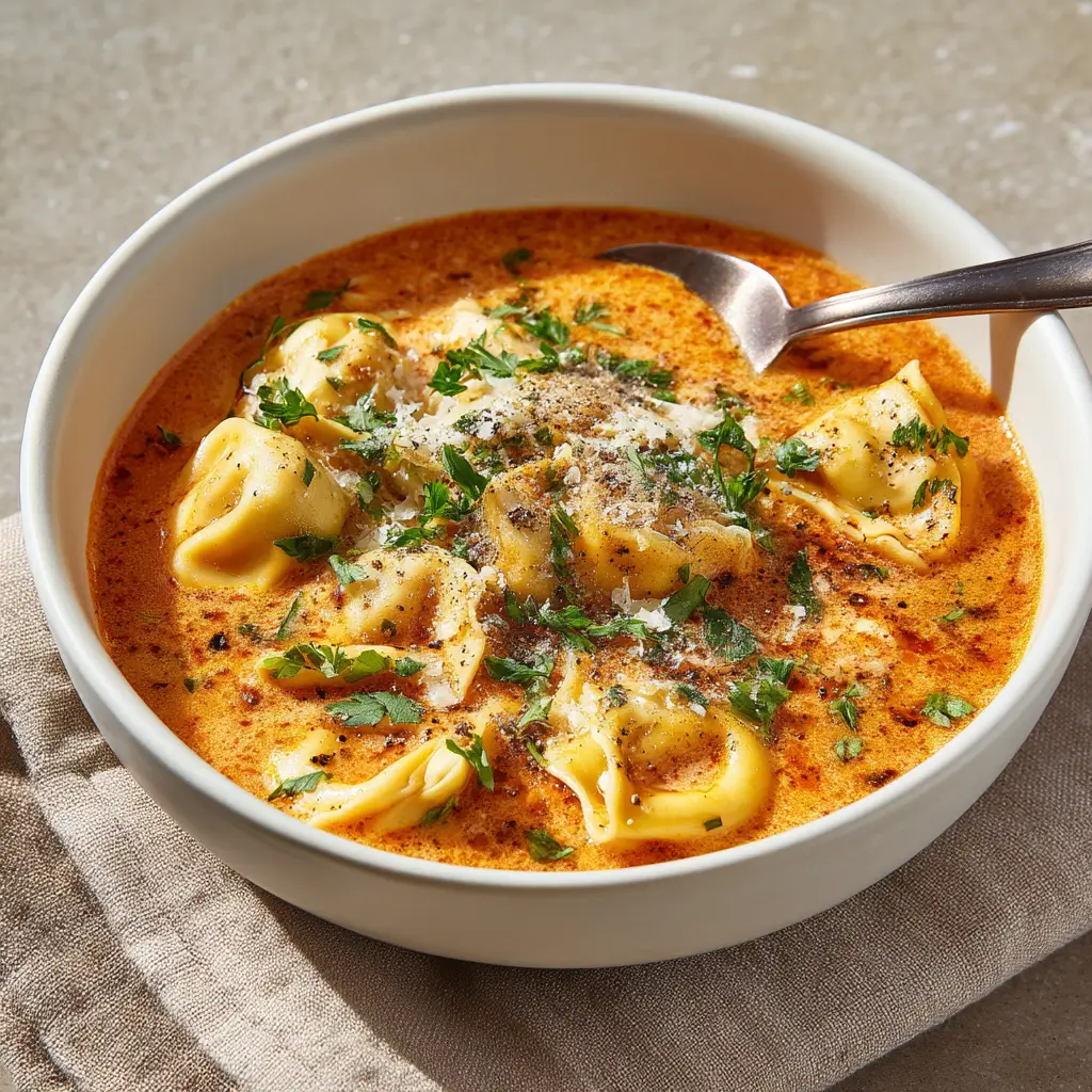 Photorealistic close-up of creamy tomato tortellini soup sitting on a slightly textured surface next to a beige linen napkin.