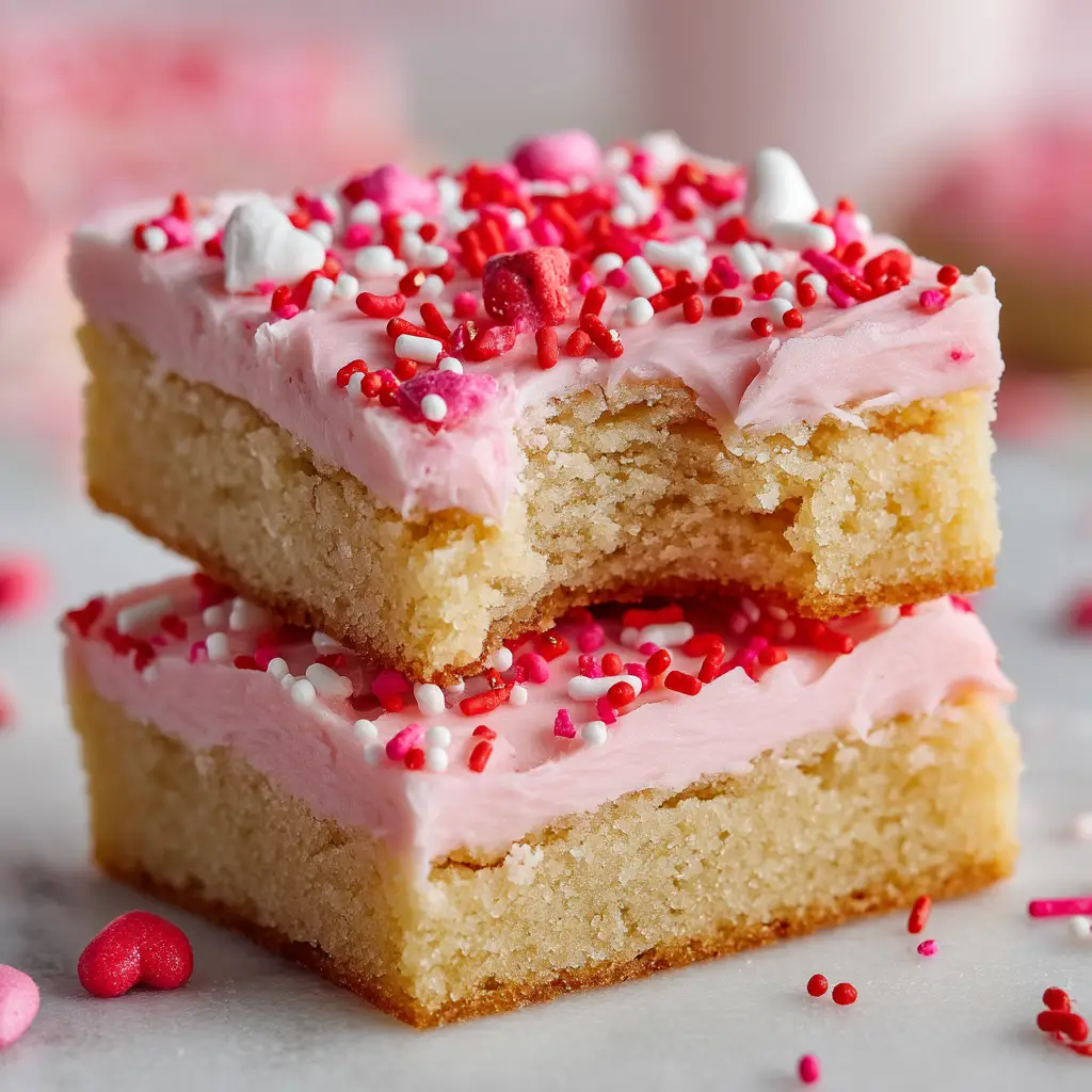 A close up macro shot showing the soft chewy golden texture of the broken Valentine's Day Sugar Cookie Bars.