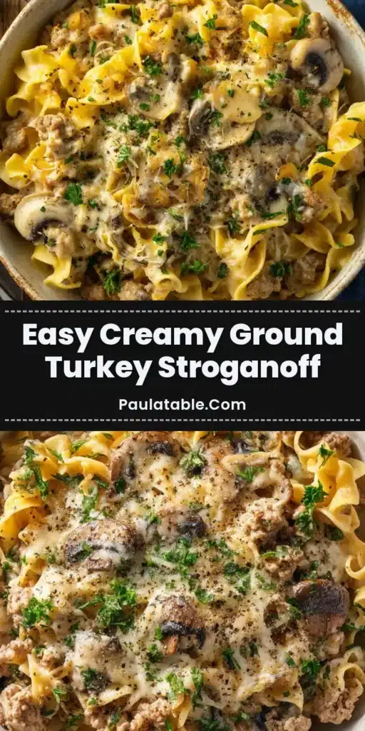 A rustic white bowl filled with Ground Turkey Stroganoff, featuring wide egg noodles, a rich creamy sauce, and a golden melted cheese topping.