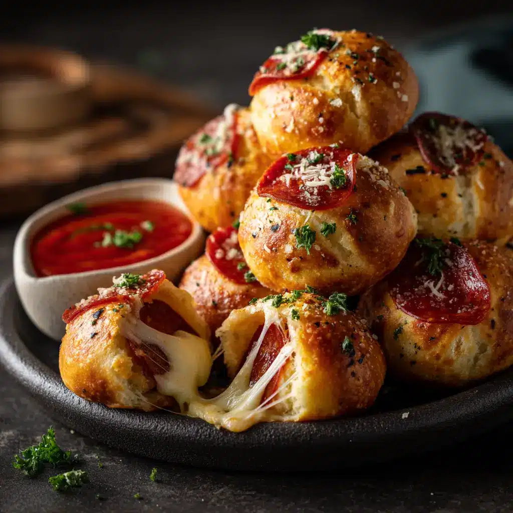 Unbaked pepperoni pizza bombs on a baking sheet, brushed with butter and topped with a single pepperoni slice.