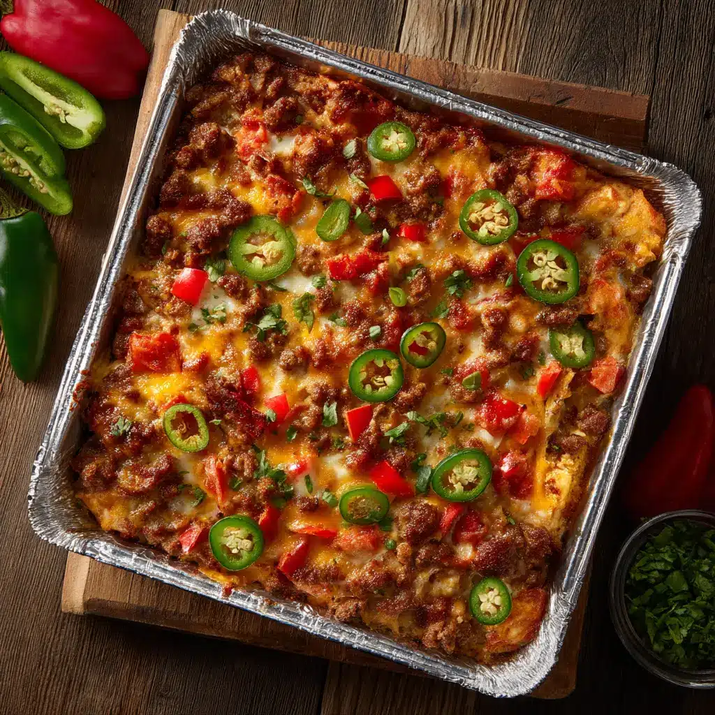 Brightly colored chopped red bell peppers and fresh jalapeños baked on top of melted cheese.