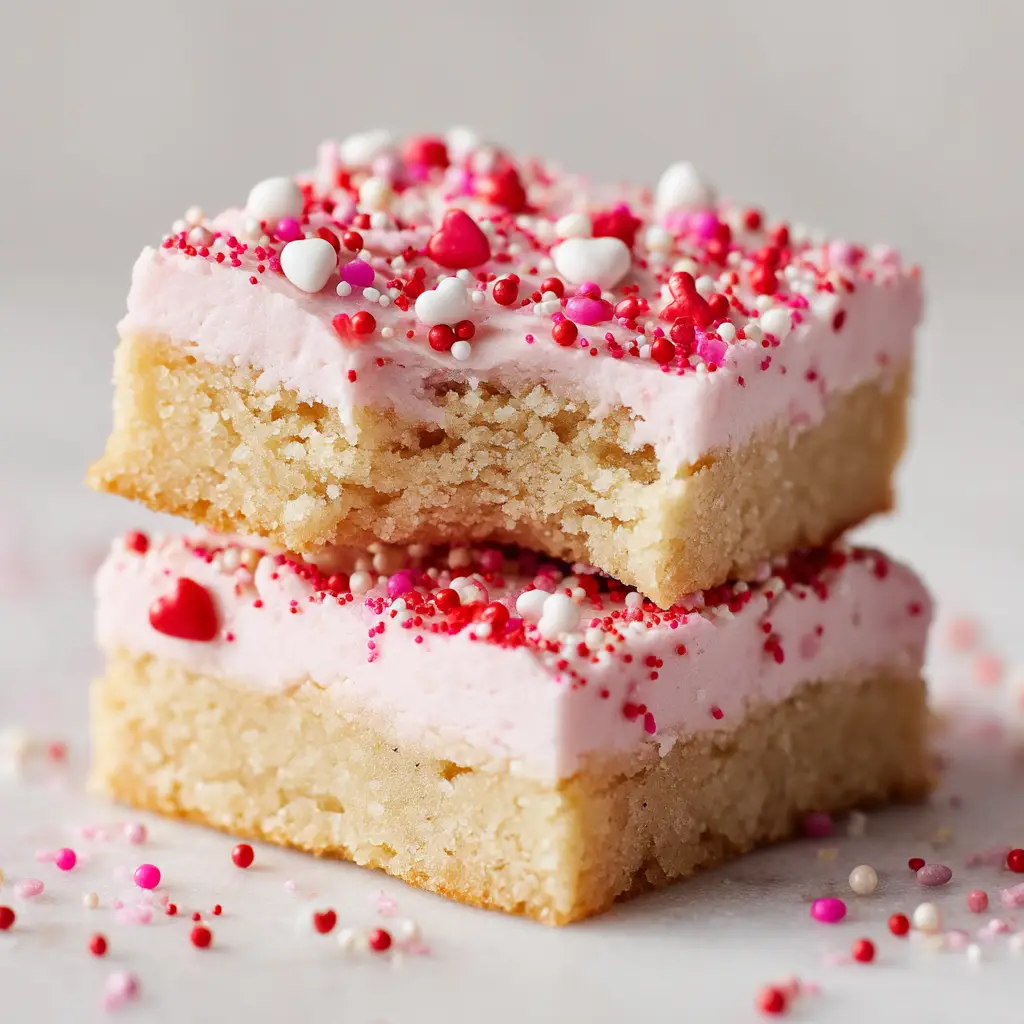 Top down view of Valentine's Day Sugar Cookie Bars on a bright white surface with smooth light pink cream cheese frosting.