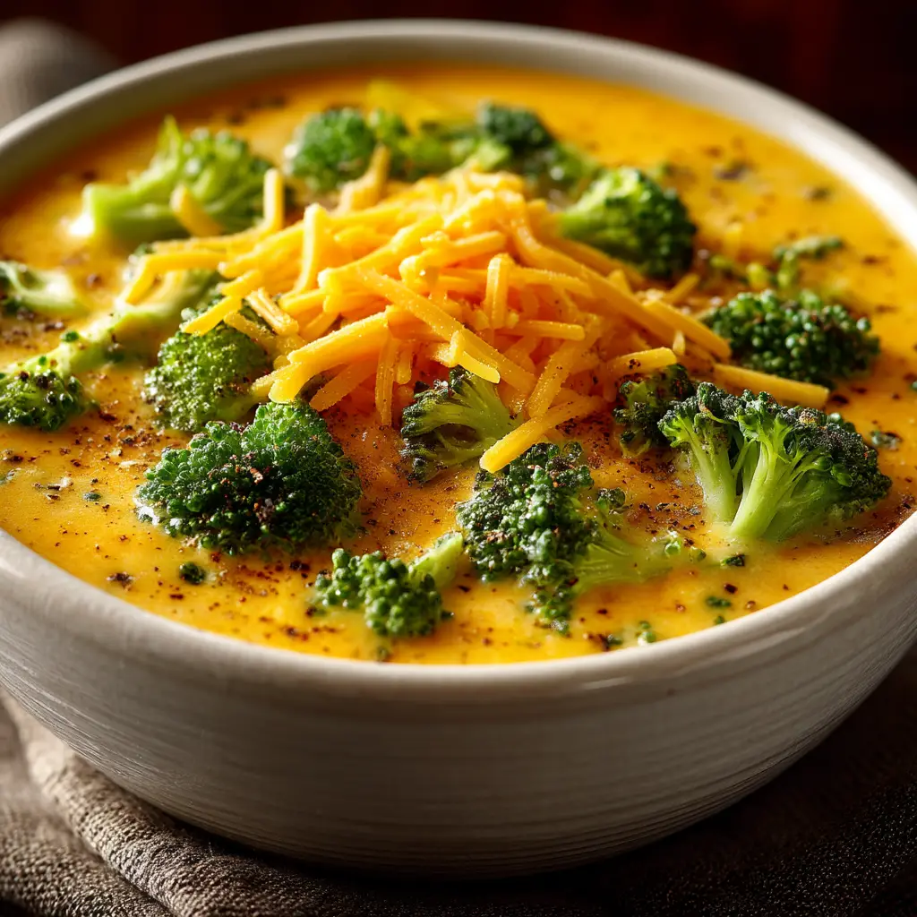 A thick, creamy broccoli cheddar soup being stirred in a heavy-bottomed Dutch oven, showing rich cheese melting into the broth.