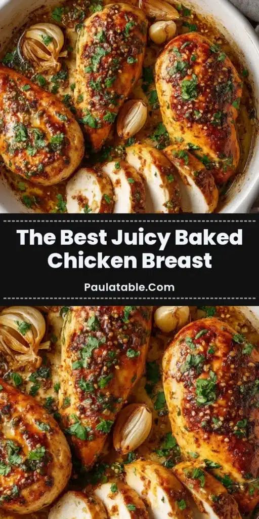 A beautifully styled pin image of a juicy, golden-brown Baked Boneless Chicken Breast garnished with fresh cilantro and roasted garlic.