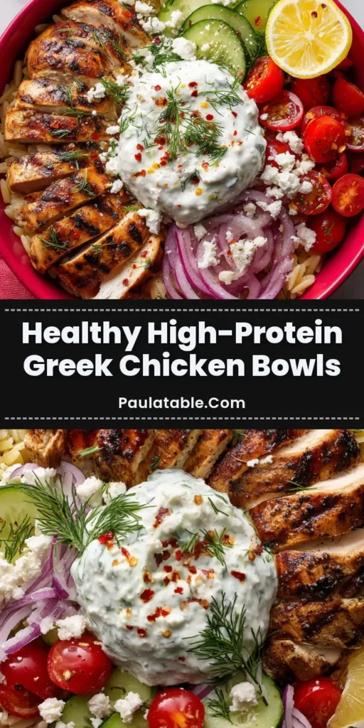 Overhead view of High Protein Greek Chicken Bowls in a bright red bowl on a white marble surface, loaded with orzo, charred chicken, and tzatziki.
