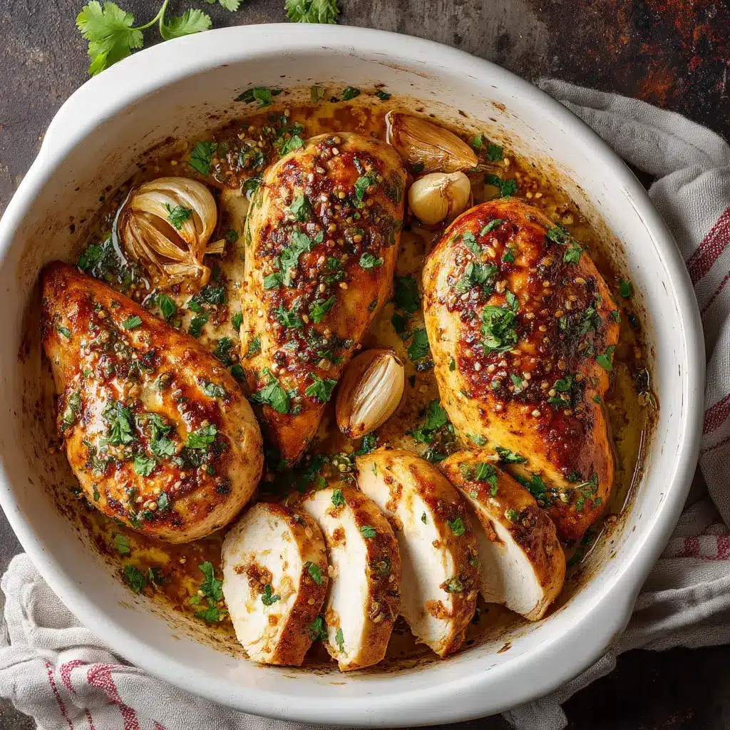 Sliced Baked Boneless Chicken Breast revealing a perfectly cooked, tender white interior surrounded by fresh cilantro garnish.