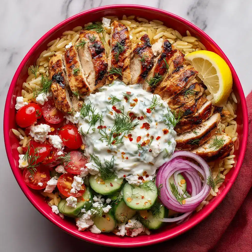 Macro photography of a vibrant Greek chicken bowl showing sliced cucumbers, cherry tomatoes, and feta cheese over orzo.