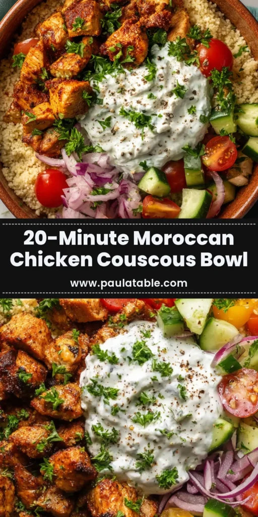 Overhead view of a Moroccan Chicken Couscous Bowl in a terracotta bowl with fluffy couscous, spiced chicken, cucumber tomato salad, and creamy tzatziki.