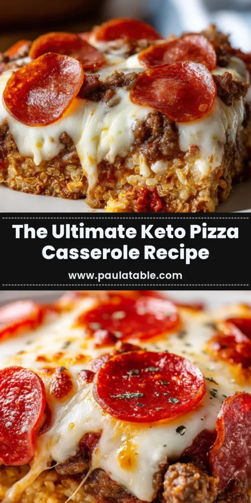 Ultimate Keto Pizza Casserole with Ground Beef 4 A generous slice of Keto Pizza Casserole with gooey mozzarella and curled pepperoni on a white plate.