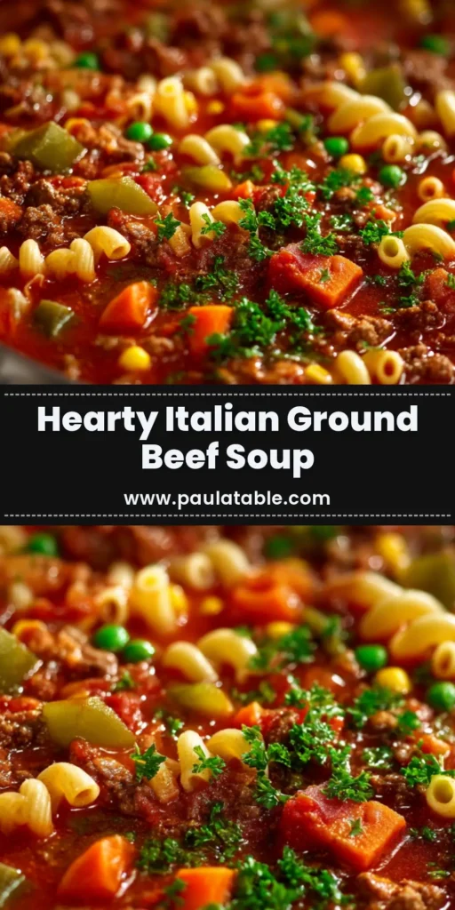 A hearty bowl of Italian Ground Beef Pasta Soup with elbow macaroni, ground beef, peas, corn, and carrots in a rich tomato broth.