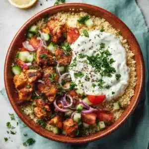 Close-up of raw ingredients for a Moroccan Chicken Couscous Bowl including chicken breast, fresh parsley, tomatoes, cucumbers, and a yogurt sauce.