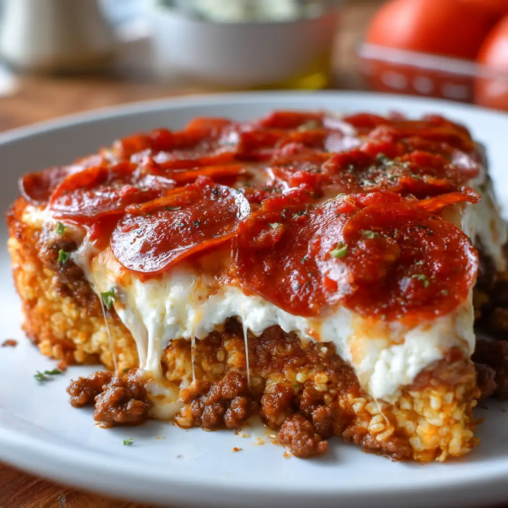 Ultimate Keto Pizza Casserole with Ground Beef 2 Extreme close-up of keto pizza casserole showing a cheese pull and a ground beef cauliflower rice base.
