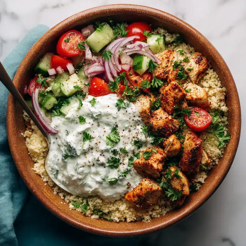 A rustic terracotta bowl filled with fluffy couscous, topped with golden spiced chicken cubes and fresh vegetable salad on a marble surface.