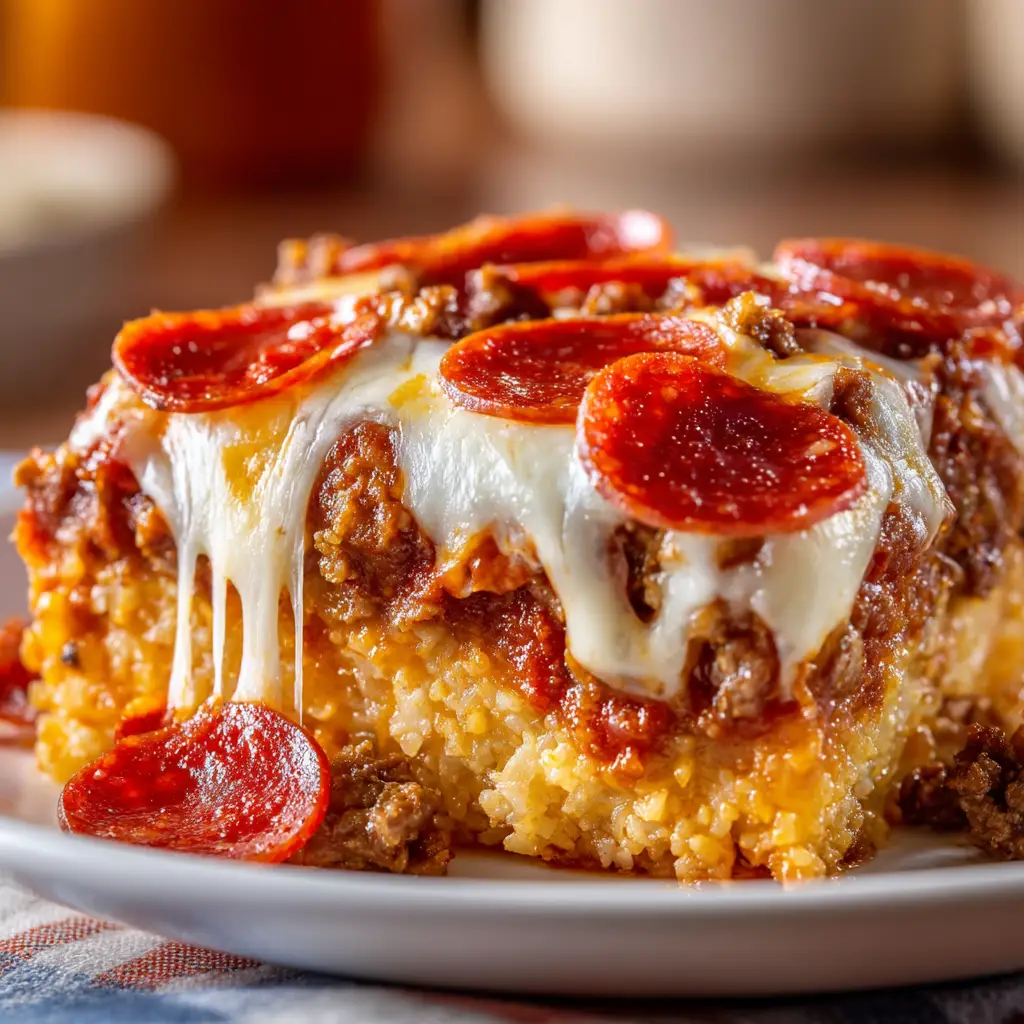 Ultimate Keto Pizza Casserole with Ground Beef 1 Macro shot of bubbly melted mozzarella cheese and crispy, slightly curled pepperoni on a low-carb pizza bake.