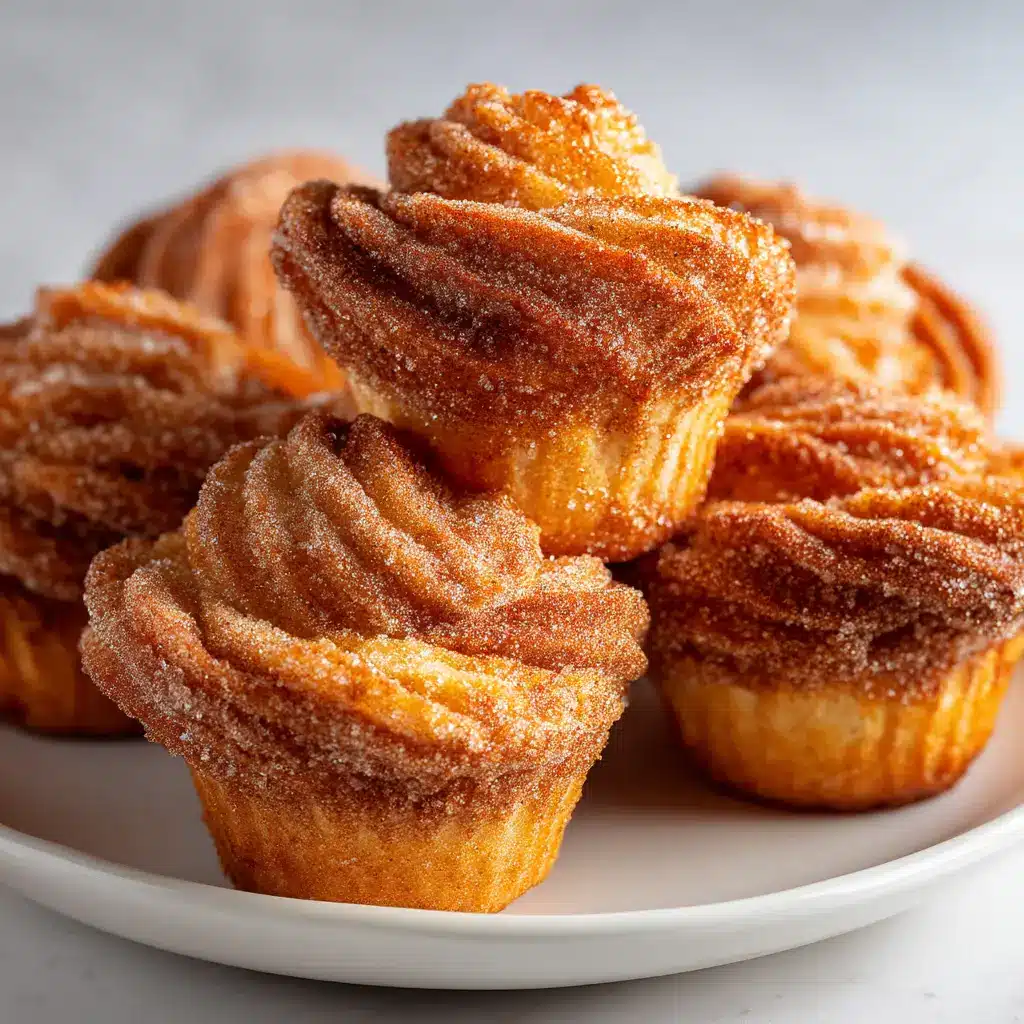 A simple white ceramic plate displaying appetizing, muffin-shaped Churro Cruffins with sharp focus on their flaky texture.