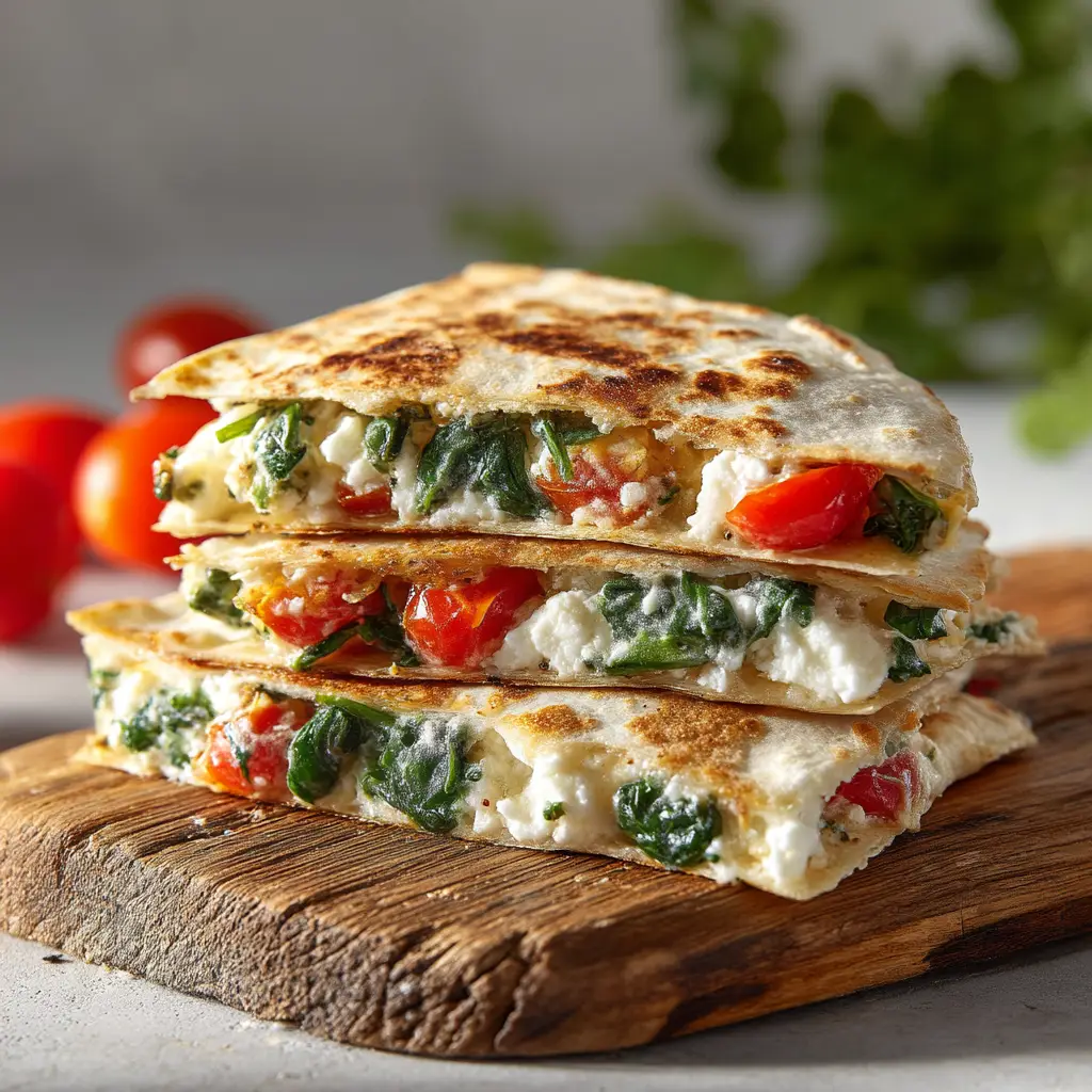 Close up of fresh Mediterranean Quesadilla ingredients including spinach, cherry tomatoes, feta, and tortillas.