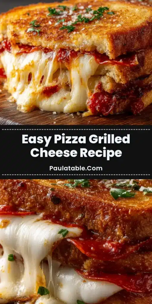 Extreme close-up of a gourmet pizza grilled cheese sandwich cut in half on a rustic wood board showing an oozing cheese pull.