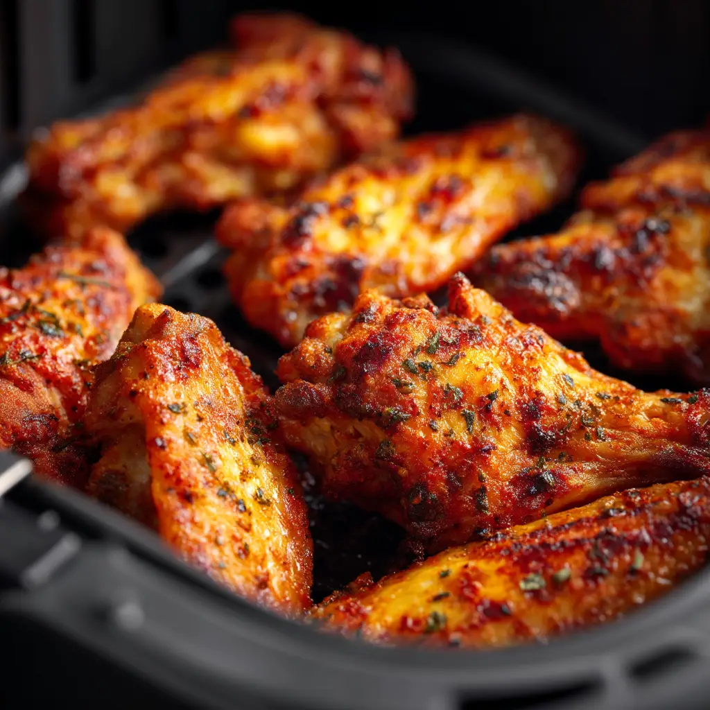 Extreme close-up of cooked crispy seasoned chicken wings inside a black air fryer basket, showing a golden-brown textured skin.