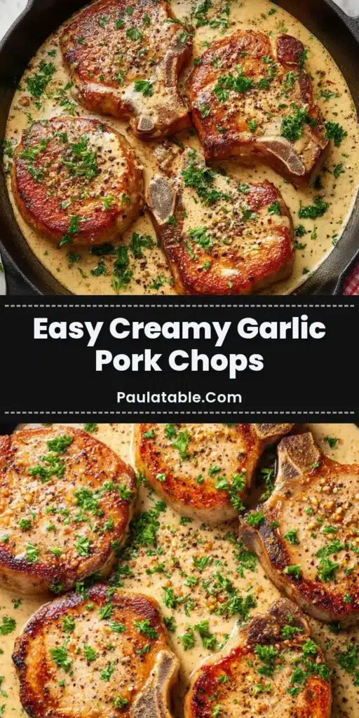 Creamy Garlic Pork Chops 3 Overhead view of four perfectly seared bone-in Creamy Garlic Pork Chops simmering in a beige garlic sauce inside a black cast-iron skillet.