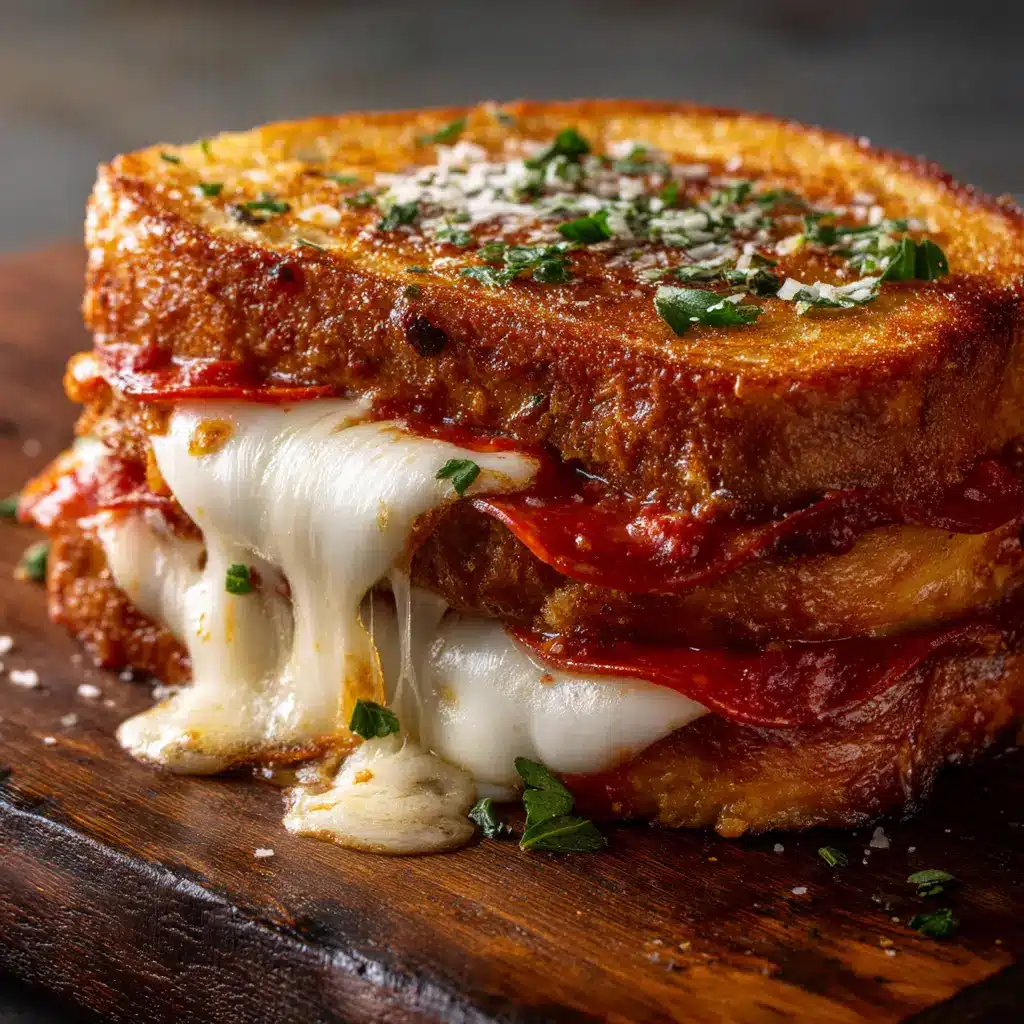 Close up of a pizza grilled cheese sandwich with melted cheese dripping out the sides onto a dark wooden board.